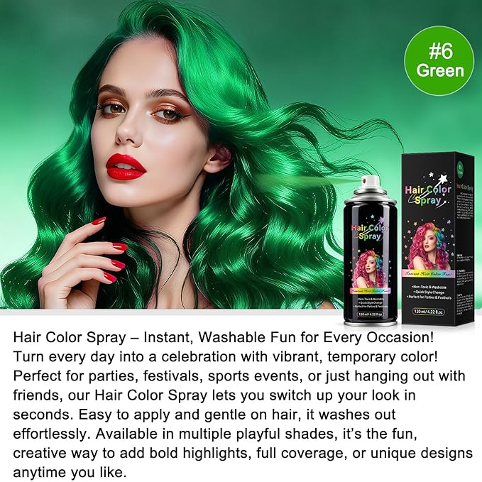 Temporary Hair Color Spray - Instant Washable Hair Dye for Kids & Adults, Non-Toxic & Non-Sticky Formula for Halloween, Cosplay, Parties & Festivals - Lasts All Day, Easy Wash Out - 4.22 fl oz (Green)