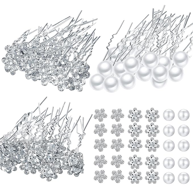 60 Pieces Bridal Hair Pins Accessories Pearl Rhinestone Flower U Shape Clips Jewelry Prom Hair Barrettes Decorations for Brides Bridesmaids Women