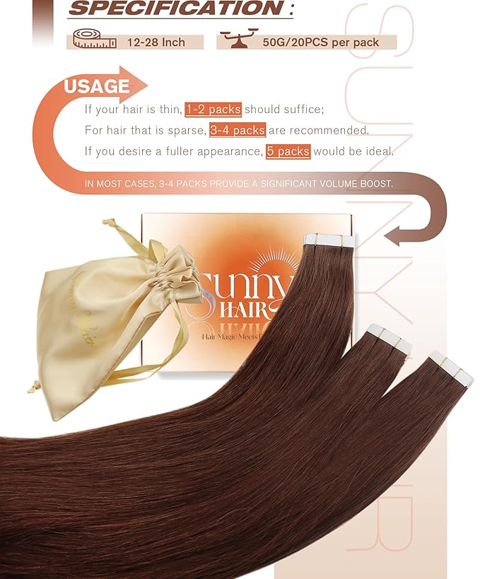 Sunny Hair Tape in Hair Extensions Real Human Hair Invisible Remy Hair Extensions Tape ins for Women Auburn Brown 22 inch 20Pcs 50G