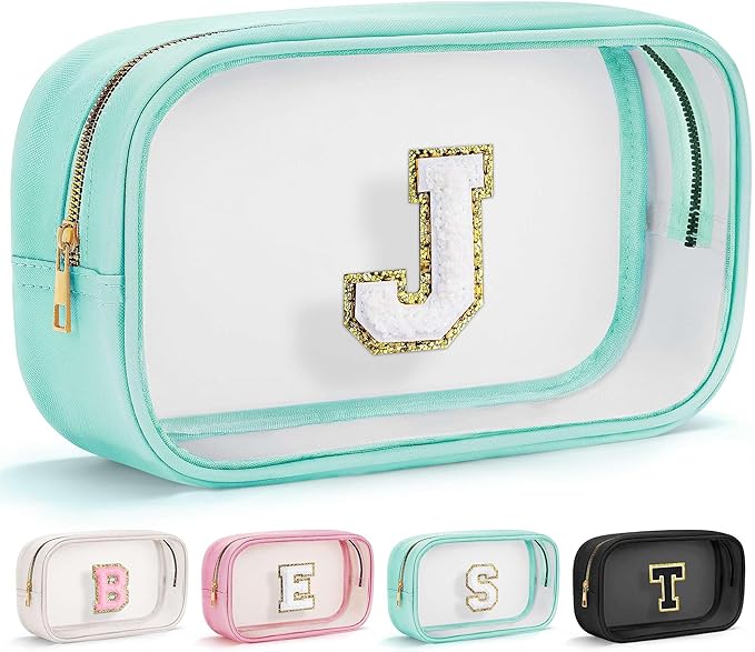 YOOLIFE Initial Clear Makeup Bag | Waterproof Large Travel Makeup Bag | Personalized Travel Beach Toiletry Bag | Car Organizer Essentials for Women Men | Teacher Girls Women Birthday Gifts Blue J