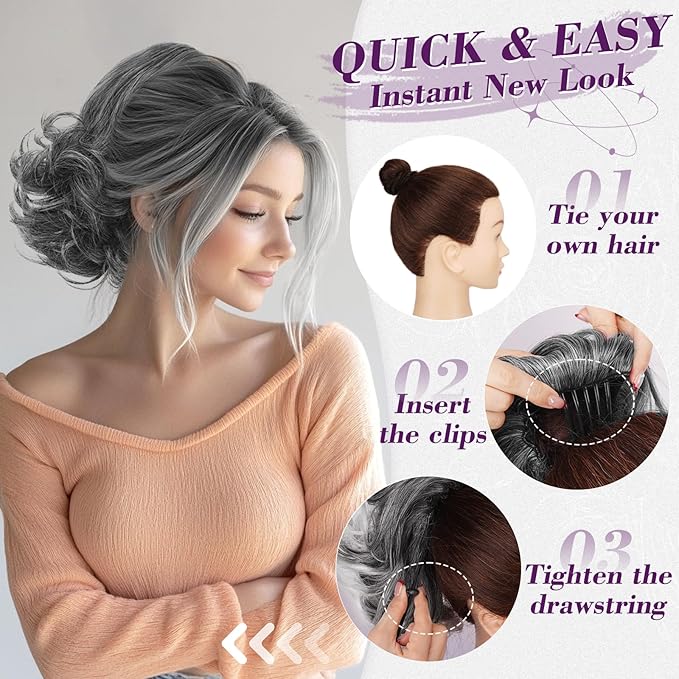 BARSDAR Drawstring Comb Clip Ponytail Extension - 10 Inch Short Wavy Clip in Ponytails Hairpieces for Women - Synthetic Gray Ponytail Extensions Fake Pony Tails - Dark Brown Mix Gray