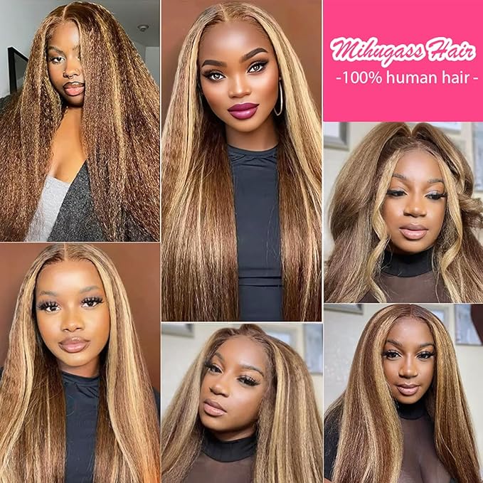 Kinky Straight Clip in Hair Extensions Real Human Highlight Clip ins For Women Unprocessed Clip on Hair Extensions(16inch,#4/27/4)