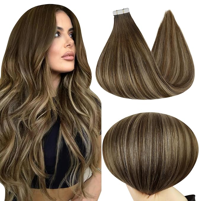 Full Shine 22Inch Tape in Hair Extensions Color 4 Brown Ombre 24 Blonde and 4 Seamless Hair Extensions Tape in Glue in Hair Extensions Skin Weft Tape in Hair Extensions Human Hair 50G 20Pcs for Women