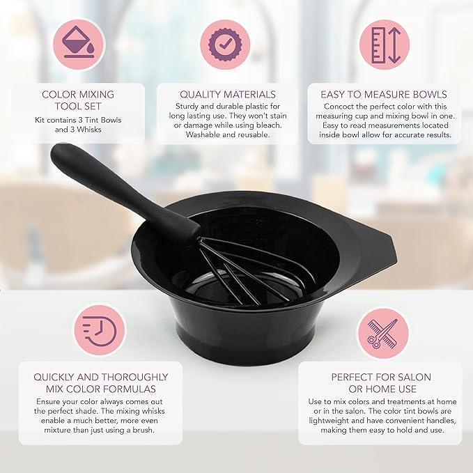Hair Dye Bowl and Whisk Set - 3 Salon Mixing Bowls and 3 Color Whisks - Professional Hair Color Mixing Kit with Tint Bowls and Mixers for Hair Dye Application