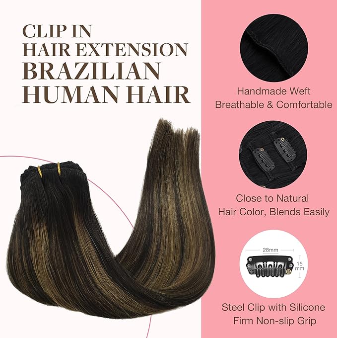 GOO GOO Clip in Hair Extensions Real Human Hair, Remy Human Hair Extensions Clip ins for Women, Natural Human Hair, 18inch 120g 7Pcs, 1B/6/1B Balayage Natural Black to Chestnut Brown