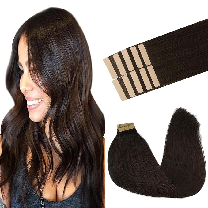 GOO GOO Tape in Hair Extensions Human Hair, 2 Dark Brown, 22inch 30g 10pcs, Skin Weft Seamless Invisible, Silky Straight with Thick Ends, Remy Human Hair