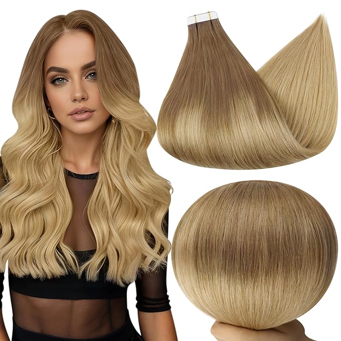 Full Shine Tape in Hair Extensions Human Hair Color 10/14 Ombre Blonde Tape in Extensions 22 Inch Invisible Seamless Extension Silky Straight Real Remy Adhesive Skin Weft 20 Pcs 50 Grams