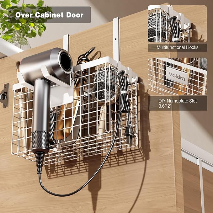Voldra Hair Dryer Holder Cabinet Door, Adhesive Hair Tool Organizer Wall Mount Adjustable Height Blow Dryer Holder Under Sink/Countertop for Flat Curling Iron, Hair Brush and Straightener (1, White)