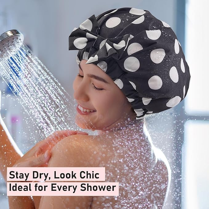 LitBear Luxury Silk Lined Shower Caps for Women Reusable Waterproof, Double Layered Large Bathing Hair Cap with Adjustable Elastic Strap, Non-slip, Quick-dry, for Long Short Hair, Black Dots