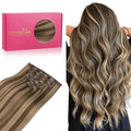 WENNALIFE Clip in Hair Extensions Real Human Hair, 16 Inch 120g 7pcs Remy Hair, Balayage Chocolate Brown to Caramel Blonde Hair Extensions Clip In Real Hair Coloured