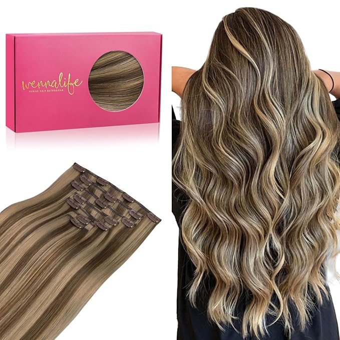 WENNALIFE Clip in Hair Extensions Real Human Hair, 20 Inch 120g 7pcs Human Hair Extensions Clip In Human Hair, Balayage Chocolate Brown to Caramel Blonde Hair Extensions Clip In Real Hair Coloured