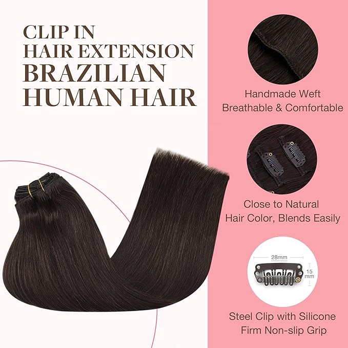 GOO GOO Clip in Hair Extensions Real Human Hair, Remy Human Hair Extensions Clip ins for Women, Natural Human Hair, 26inch 180g 7Pcs, #2A Light Brown