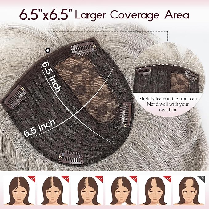 EMMOR Human Hair Toppers for Women Short Bob Real Hair with Bangs 10" Side Part Hairpieces for Women with Thin Hair 6.5" × 6.5" Larger Base Human Wig Toppers(Gray)