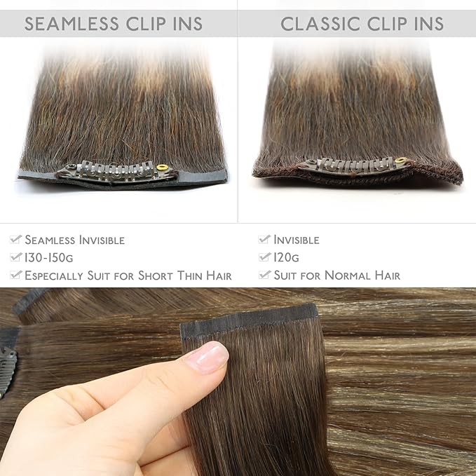 WENNALIFE Seamless Clip In Hair Extensions, 20 Inch 7pcs 150g Balayage Chocolate Brown to Honey Blonde Hair Extensions Clip In Invisible PU Skin Weft Real Human Hair Extensions Clip In