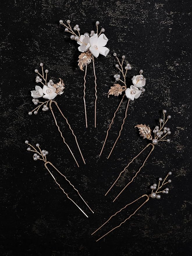 Handmade Pearl Bridal Wedding Hair Pins 6Pcs White Flower Gold Leaf Pearls Clips Bridal Hair Accessories for Women Brides Bridesmaid
