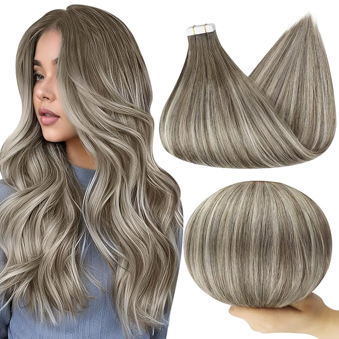 Full Shine Balayage Tape in Hair Extensions Human Hair 20 Inch Straight Hair Tape in Extensions Brown to Ice Blonde and Brown Tape in Natural Invisible Double Sided Tape 20 Pcs 50 Gram Add Length