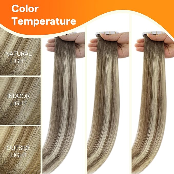 Full Shine Tape in Hair Extensions Color 60 Blonde Machine Remy Injected Tape in Extensions Double Sided Insert Seamless Invisible Human Hair for Women 16 Inch 20 Pcs 40 Grams Add Volume