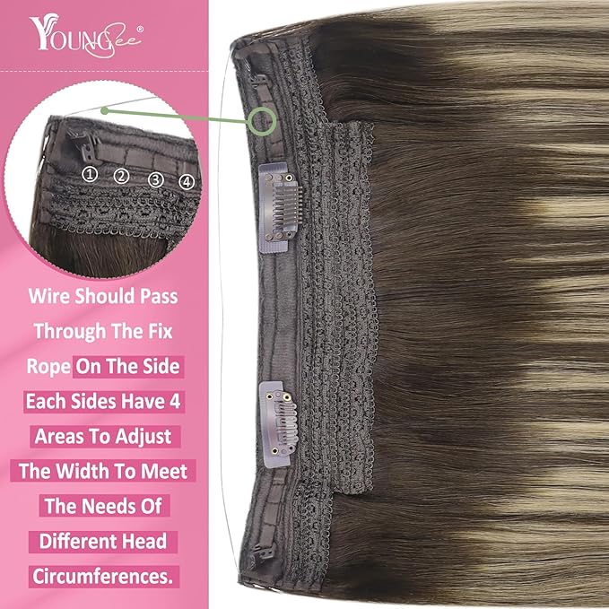 YoungSee 130G Wire Human Hair Extensions Brown Balayage Invisible Wire Hair Extensions Ombre Dark Brown with Ash Blonde Thick Human Hair Fish Line Extensions for Women 20Inch