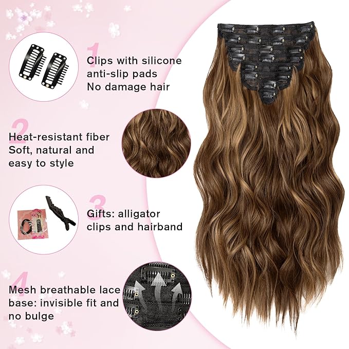 Clip in Hair Extensions for Women, 20 Inch Light Brown Hair Extensions Mix Blonde, 8PCS Curly Seamless Clip Ins Wavy, Synthetic Lace Weft Hairpieces for Daily Party Use