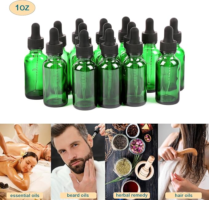 48 Pack,1oz Glass Dropper Bottle,Green Tincture Bottles with Dropper,Pretty Finish for All Kinds of Liquids,Oil Bottles for Hair- Stronger Suction ideal for Leakproof Travel