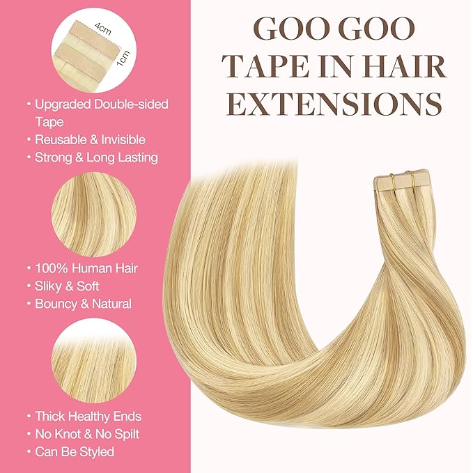 GOO GOO Tape in Hair Extensions Human Hair, 18D/22F Dirty Blonde Highlights, 20inch 30g 10pcs, Skin Weft Seamless Invisible, Silky Straight with Thick Ends, Remy Human Hair