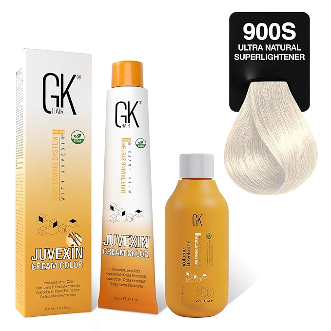 GK HAIR Global Keratin SuperLighteners 900S Ultra Natural Hair Color Cream Tube (3.4 Fl Oz/100ml) + 20 Volume Developer (5 Fl Oz/150ml) - Professional Permanent Long Lasting Toner Dye
