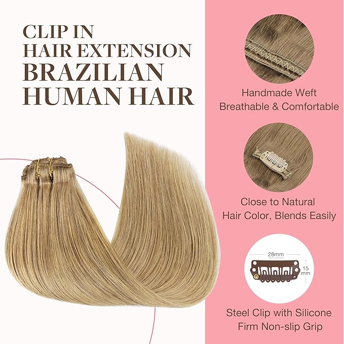 GOO GOO Clip in Hair Extensions Real Human Hair, Remy Human Hair Extensions Clip ins for Women, Natural Human Hair, 14inch 120g 7Pcs, 7 Bronde