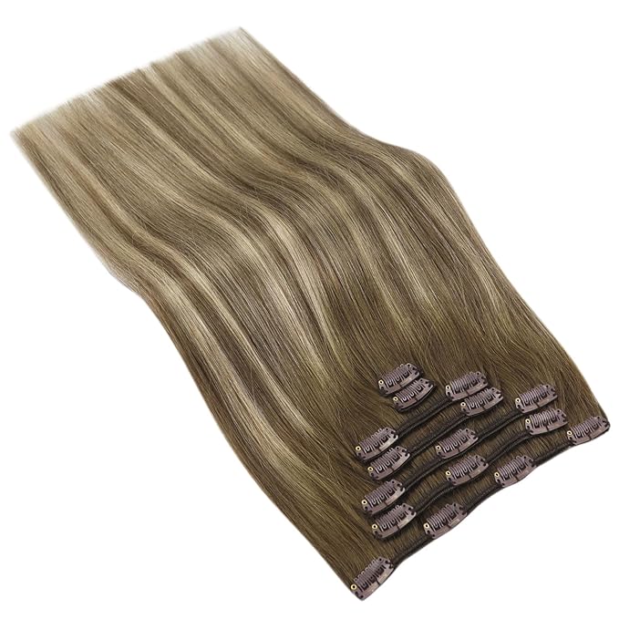 Ve Sunny Human Hair Clip in Extensions Balayage Clip in Hair Extensions Ombre Hair Extensions Clip ins Dark Brown to Light Brown with Blonde Clip on Extensions Easy to Use 16inch 120g 7pcs