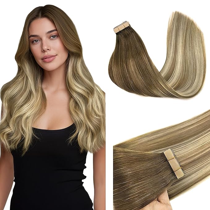 GOO GOO Tape in Hair Extensions Human Hair, 3/8/613 Walnut Brown to Ash Brown and Bleach Blonde, 18inch 50g 20pcs, Skin Weft Seamless Invisible, Silky Straight with Thick Ends, Remy Human Hair