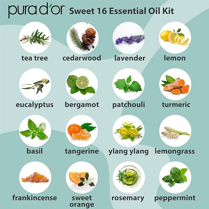 PURA D'OR Organic Sweet16 Essential Oils Set - 16x 10mL Wood Box Aromatherapy Gift Set - 100% Pure Therapeutic Grade for Relaxation and Wellness (Lavender, Rosemary, Turmeric, Ylang Ylang & More)