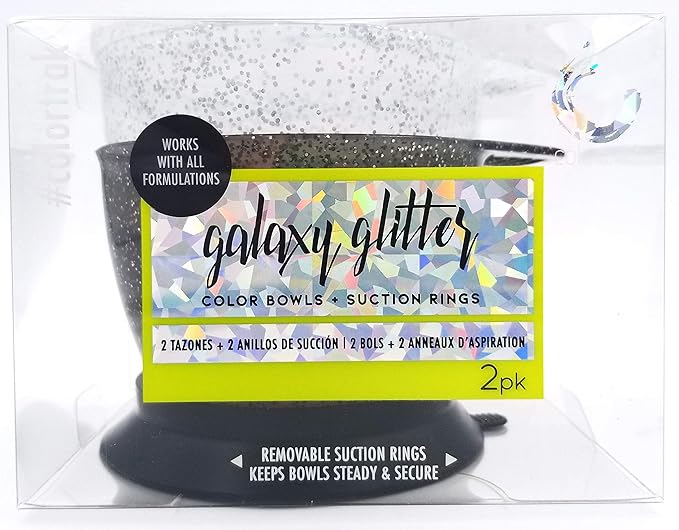 Colortrak Galaxy Glitter Bowls With Suction Cup Holder for Hair Coloring Process - Includes Removable Suction Rings for Functionality and Stability for Professionals and Stylists, 2-Pack