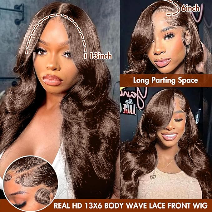 250 Density 13x6 FULL SKINLIKE HD lace front wigs Human Hair Chocolate Brown Pre Plucked Real 15A 0.10mm Ultra-thin Invisible Front HD Lace wigs Small Knots Body Wave Full Virgin Hair 20 Inch