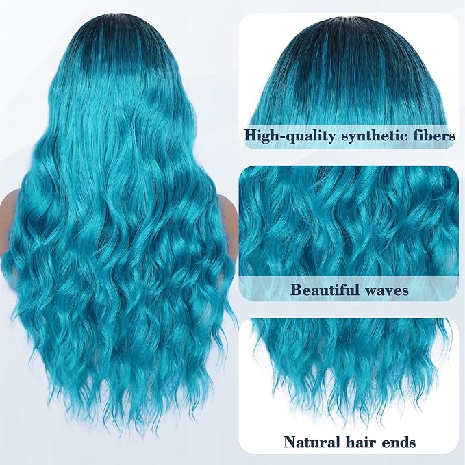 NAYOO Long Ombre Bluish Green Wavy Wig for Women 26 Inch Middle Part Lace Hairline Curly Wavy Wig Natural Looking Synthetic Heat Resistant Fiber Wig for Daily Party Use