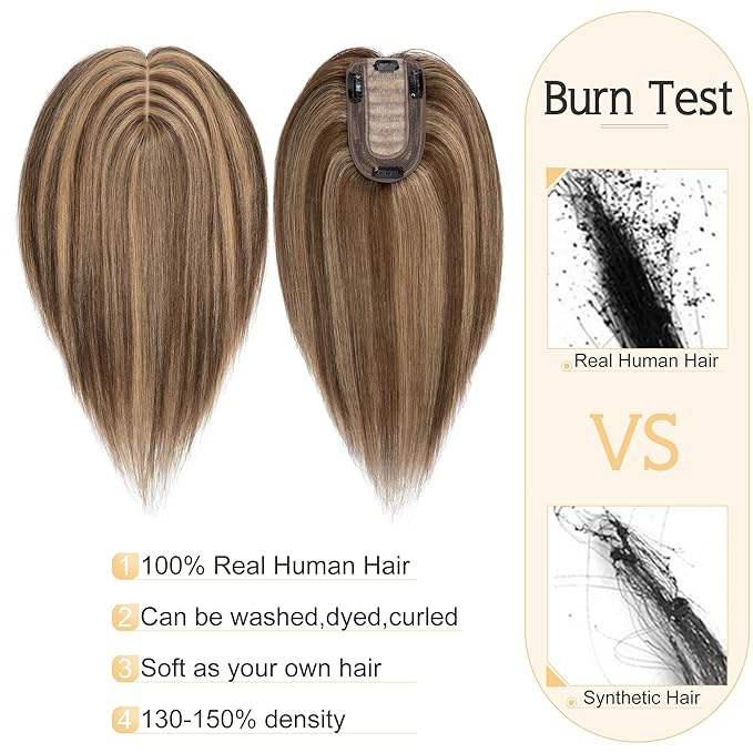 SEGO Human Hair Toppers for Women With Thinning Hair, 7 * 13CM Silk Base 100% Real Human Hair Clip in Top Wiglet Hairpieces /8 Inch No Bangs Medium Brown&Dark Blonde
