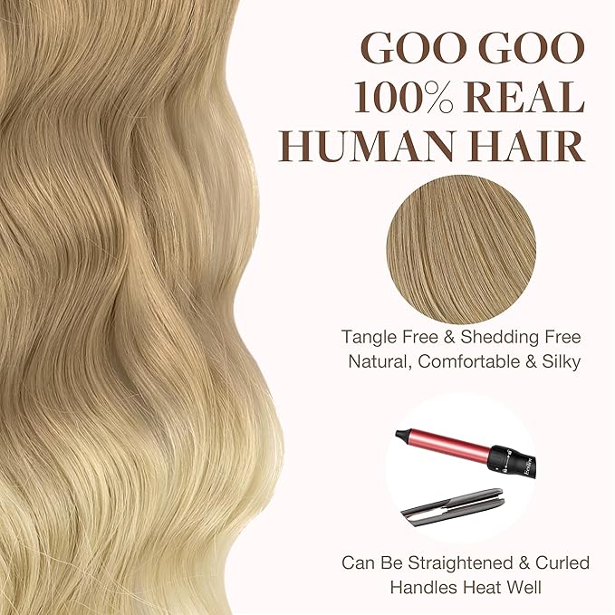 GOO GOO Tape in Hair Extensions Human Hair, O18G/22G(L) Golden Beige Blonde with Ash Highlights, 26inch 60g 20pcs, Skin Weft Seamless Invisible, Silky Straight with Thick Ends, Remy Human Hair