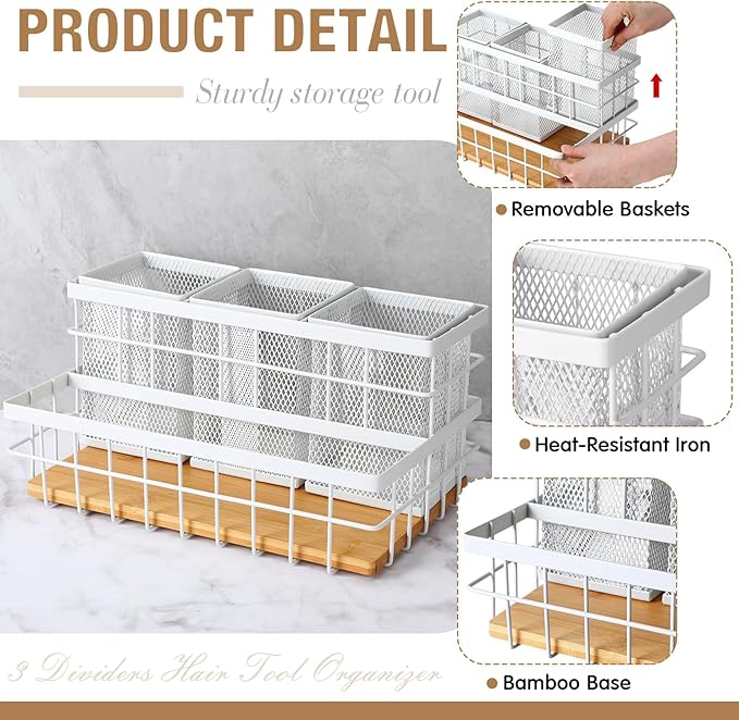 2 Pcs Hair Tool Organizer Countertop Breathable Metal & Bamboo Hot Tools Organizer Under Sink Bathroom Hair Dryer Holder Countertop Brush Comb Holder,Makeup Tray (Natural Bamboo,White)