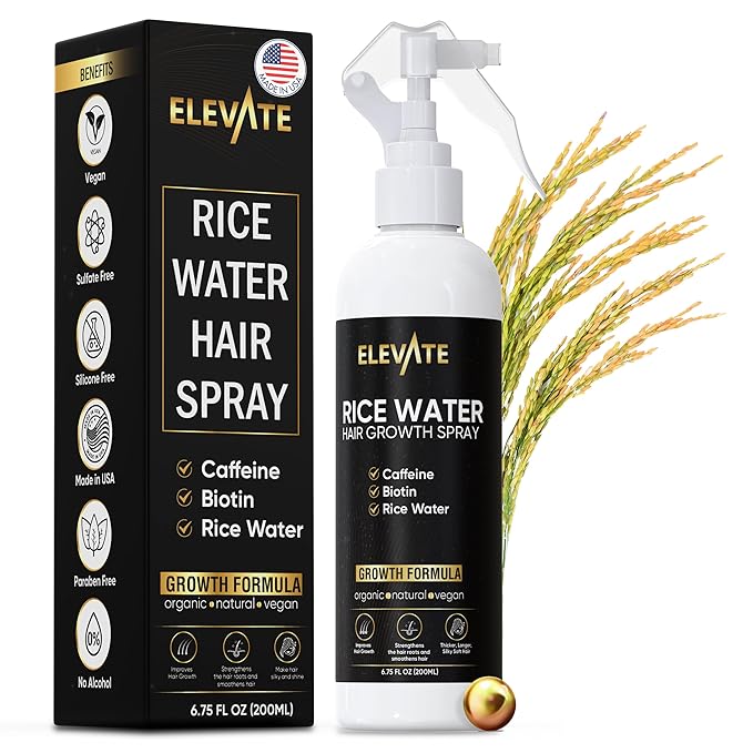 Elevate Rice Water Hair Growth Spray - Infused with Biotin, Caffeine & Aloe Vera for Thicker, Longer, Softer Hair - Fermented Leave In Mist for Thinning, Damaged Hair - Vegan & Non-Greasy