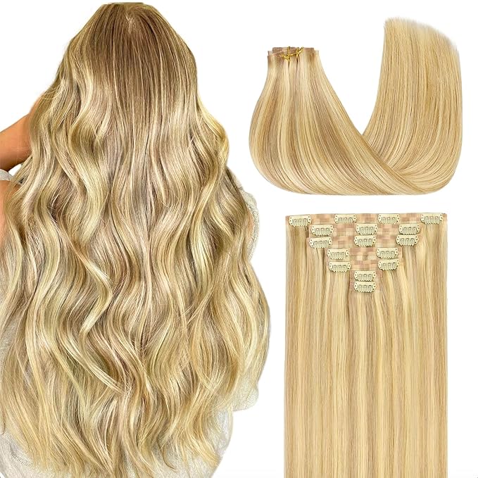 GOO GOO Clip in Hair Extensions Real Human Hair, Remy Human Hair Extensions Clip ins for Women, Natural Human Hair, 20inch 130g 7Pcs, #18D/22F Dirty Blonde Highlights