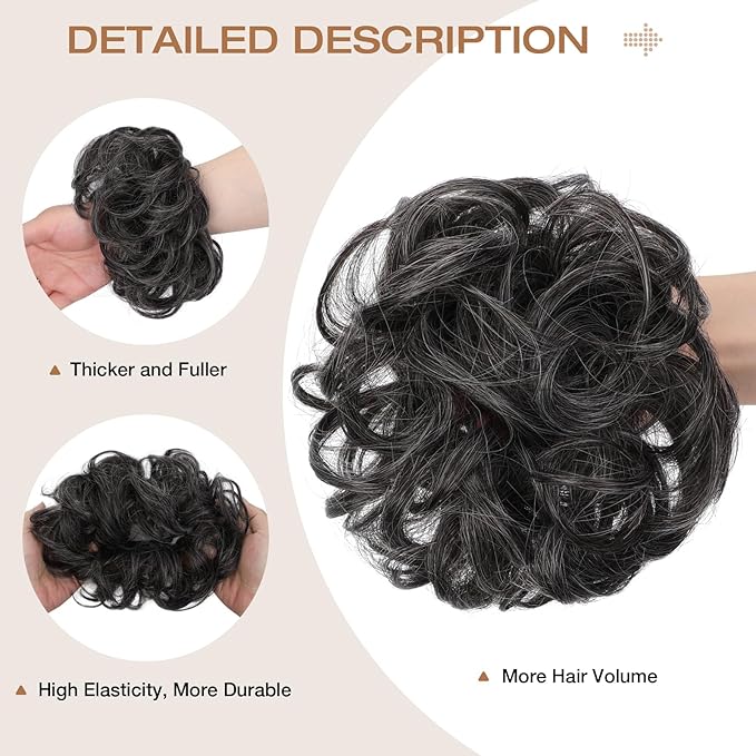 Messy Bun Hair Piece Wavy Curly Scrunchies Fluffy Donut Thick Updo Elegant Chignon Hairpieces for Women Girls, Dark Brown Mix White 1.4oz