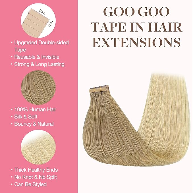 GOO GOO Tape in Hair Extensions Human Hair, O18G/22G Ombre Beige Blonde with Ash Highlights, 20inch 50g 20pcs, Skin Weft Seamless Invisible, Silky Straight with Thick Ends, Remy Human Hair
