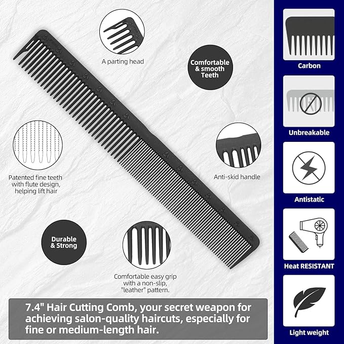 PERFEHAIR 2-Pack Professional Round Tooth Hair Cutting Comb - 7.4 Inch, Black Carbon Fiber Anti-Static & Heat Resistant, Durable Barber Combs with Fine & Wide Tooth for Precise Haircut for Men & Women