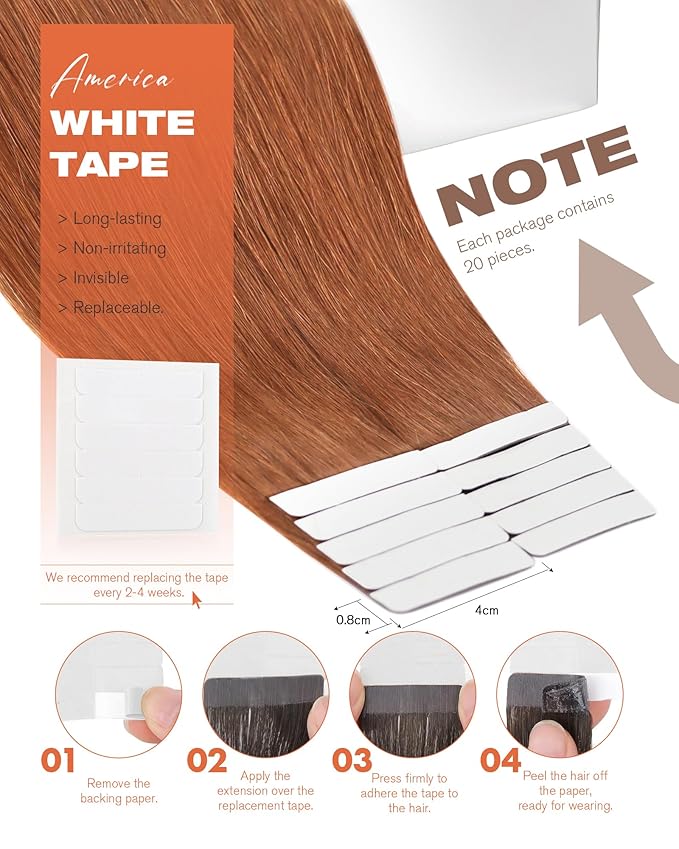 Sunny Hair Tape in Hair Extensions Real Human Hair Invisible Remy Hair Extensions Tape ins for Women Copper Red 12 inch 20Pcs