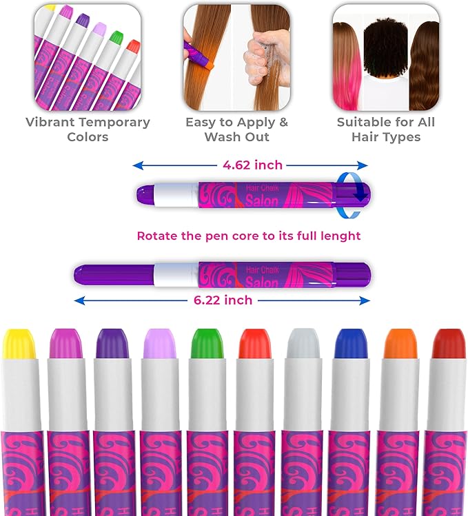 Desire Deluxe - Girls Gifts Hair Chalk 10 Temporary Non-Toxic Easy Washable Hair Dye Colourful Pens