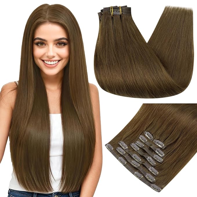 Full Shine Clip in Hair Extensions Real Human Hair Medium Brown Seamless Hair Extensions Clip in Straight Seamless Human Hair Clip ins 16 Inch 120 G 8 PCS