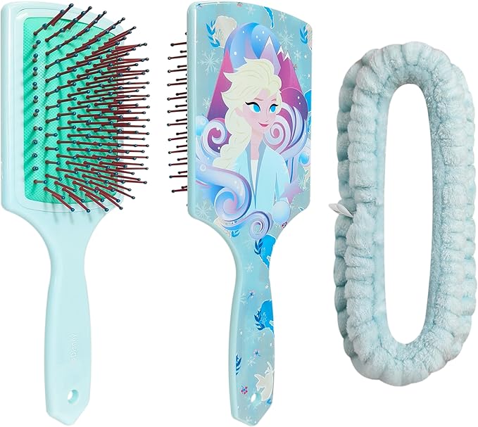 LUV HER Frozen Kids Hair Brush & Spa Headband Set for Girls - Features Elsa - Fun Grooming Kit for Detangling, Styling & Skincare - Soft & Stretchy, One Size, Ages 3+