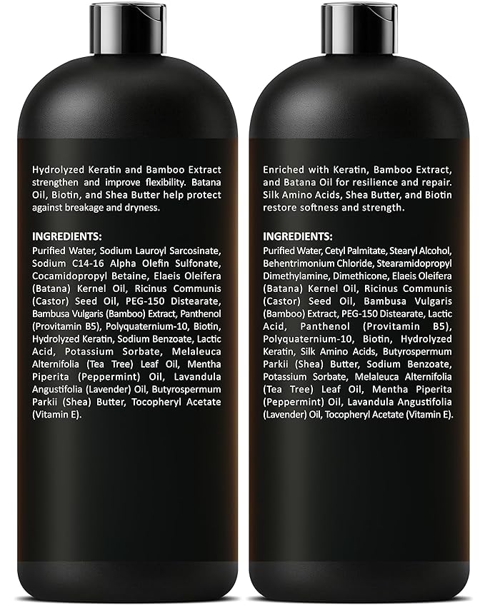 Keratin Shampoo and Conditioner Set | 16 fl oz Each | with Batana Oil & Bamboo Extract | Controls Frizz, Strengthens, Nourishes, & Adds Shine for Smoother Hair