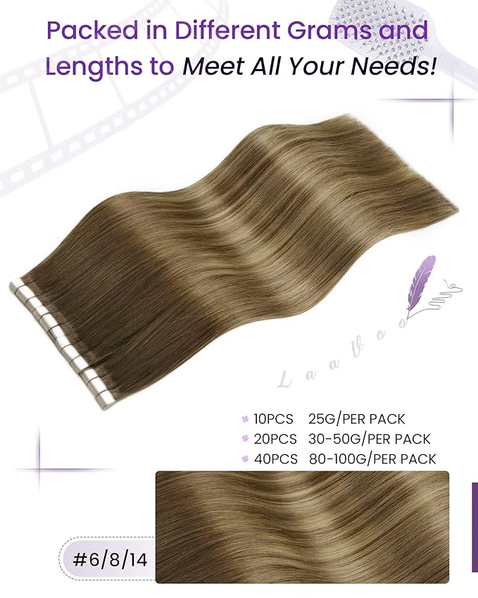 LaaVoo Tape in Hair Extensions Balayage 100g Hair Extensions Tape in Brown Human Hair Tape in Extensions Light Brown to Light Golden Blonde Hair 16inch 40pcs