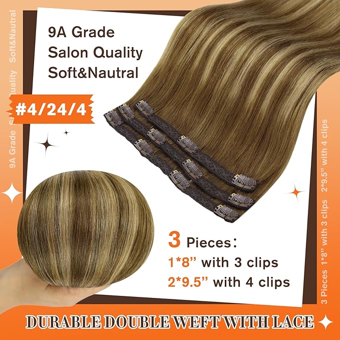 Full Shine Hair Extensions Clip Ins Brown Hair Extensions 12 Inch Real Hair Extensions Ombre Brown Fading to Honey Blonde Highlighted Short Natural Human Hair Extensions for Women 3Pcs 60Grams