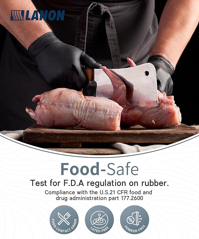 LANON Food Safe Disposable Nitrile Gloves, Latex-Free, Powder-Free, Silicone-Free, Textured Fingertips, Cooking, Black，Small