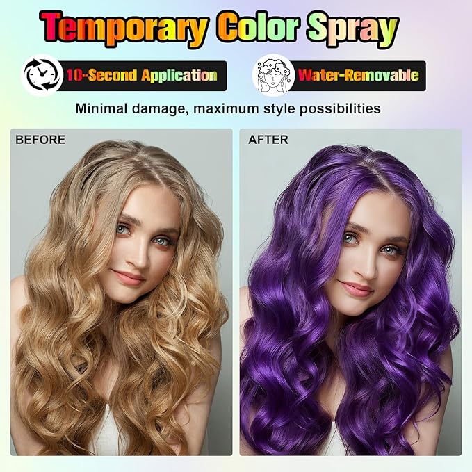 Temporary Hair Color Spray - Instant Washable Hair Dye for Kids & Adults, Non-Toxic & Non-Sticky Formula for Halloween, Cosplay, Parties & Festivals - Lasts All Day, Easy Wash Out -4.22oz (Purple)
